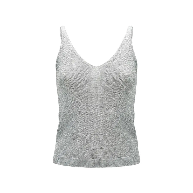 Only Frauenpanzer top in hellblauem Glitzerstrick mit silber schimmernden, dünnen Trägern und V-Ausschnitt