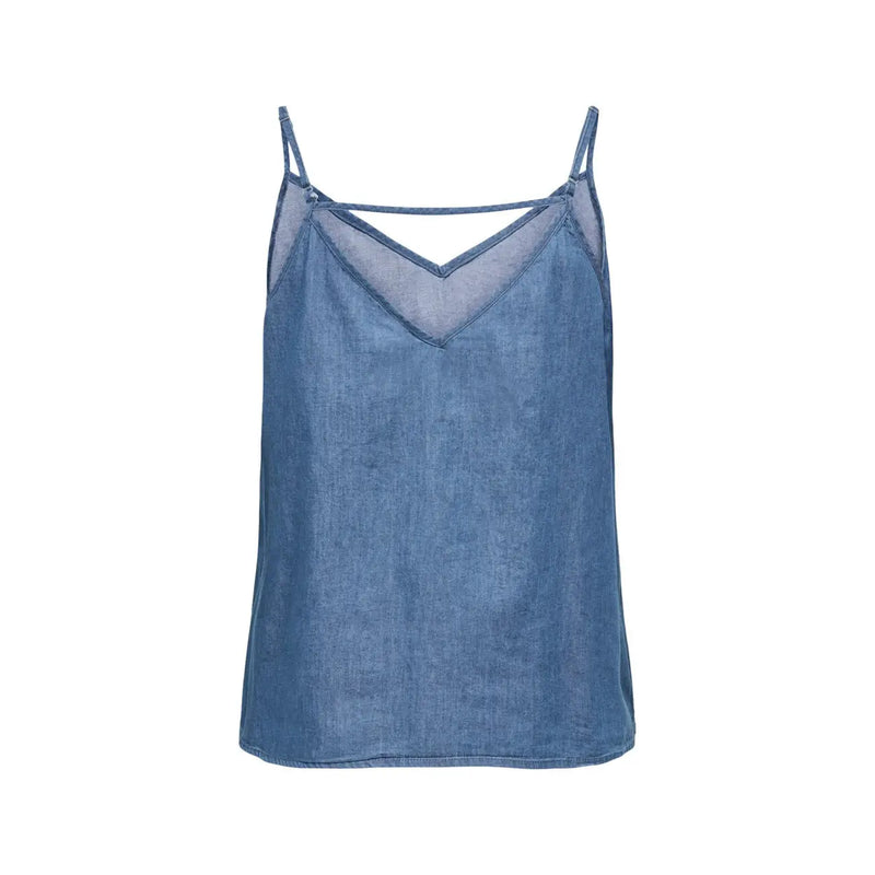 Denimblaues Baumwoll-Camouflage-Tanktop top mit V-Ausschnitt und transparentem Netzeinsatz von Only Damen-Unterhemd-Kollektion
