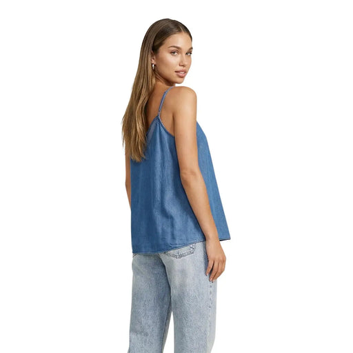 Blauer Denim-Baumwollstoff only Frauenpanzer top mit V-Ausschnitt und Spaghettiträgern für lässige Kleidung, Vorderansicht
