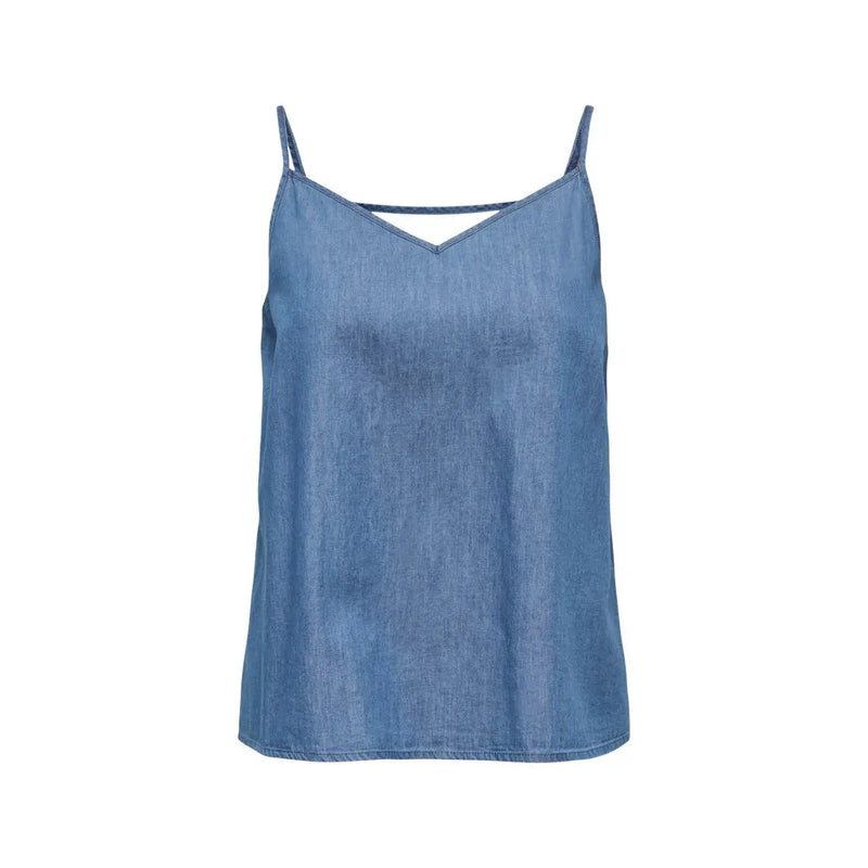 Only Frauenpanzer top Blaues Baumwoll-Tanktop mit V-Ausschnitt und hellblauem Jeans-Camisole mit dünnen Trägern und V-Ausschnitt