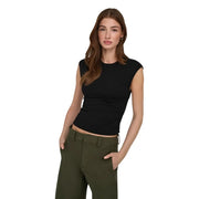 Schwarzes ärmelloses Crop-Top top mit Rundhalsausschnitt aus Baumwoll-Lycra mit figurbetonter Rippstruktur von Only Frauen