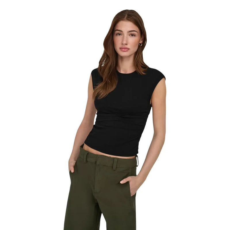 Schwarzes ärmelloses Crop-Top top mit Rundhalsausschnitt aus Baumwoll-Lycra mit figurbetonter Rippstruktur von Only Frauen