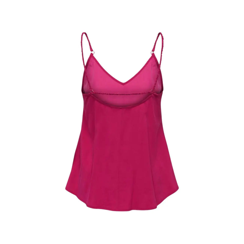 Ein leuchtend fuchsiafarbenes Satin-Camisole mit zarten Spaghettiträgern und einem transparenten Mesh-Einsatz am Dekolleté aus Viskosemischung.