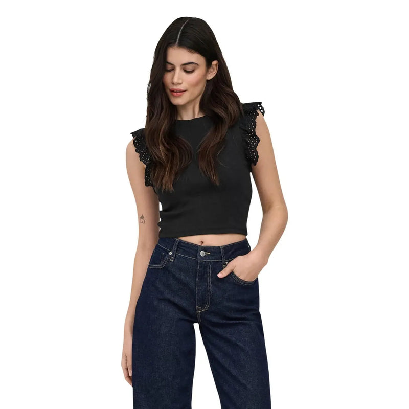 Schwarzes, ärmelloses Crop-Top top mit zarten Spitzenrüschen an den Schultern aus weißer Baumwolle für Damen von Only