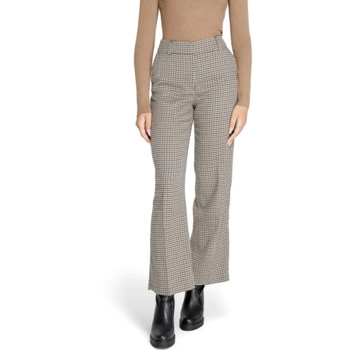Only Damen-Schlaghose in Beige und Schwarz mit Hahnentrittmuster und Reißverschluss, Größe mm, kariert