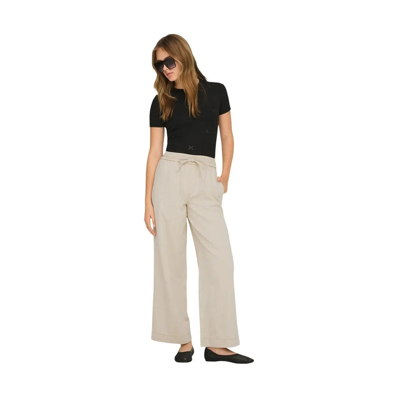 Beige Baumwoll-Lyocell-Hose mit weitem Bein und Kordelzugbund von Only Damenkollektion