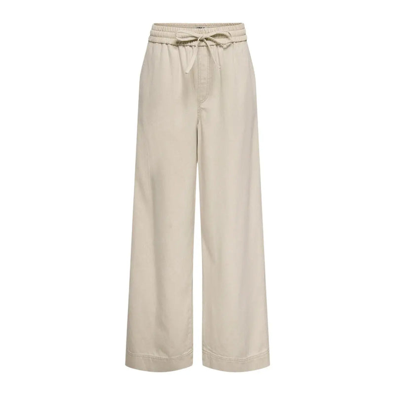 Beige Baumwoll-Lyocell-Hose mit weitem Bein für Damen mit elastischem Bund und Kordelzug von Only