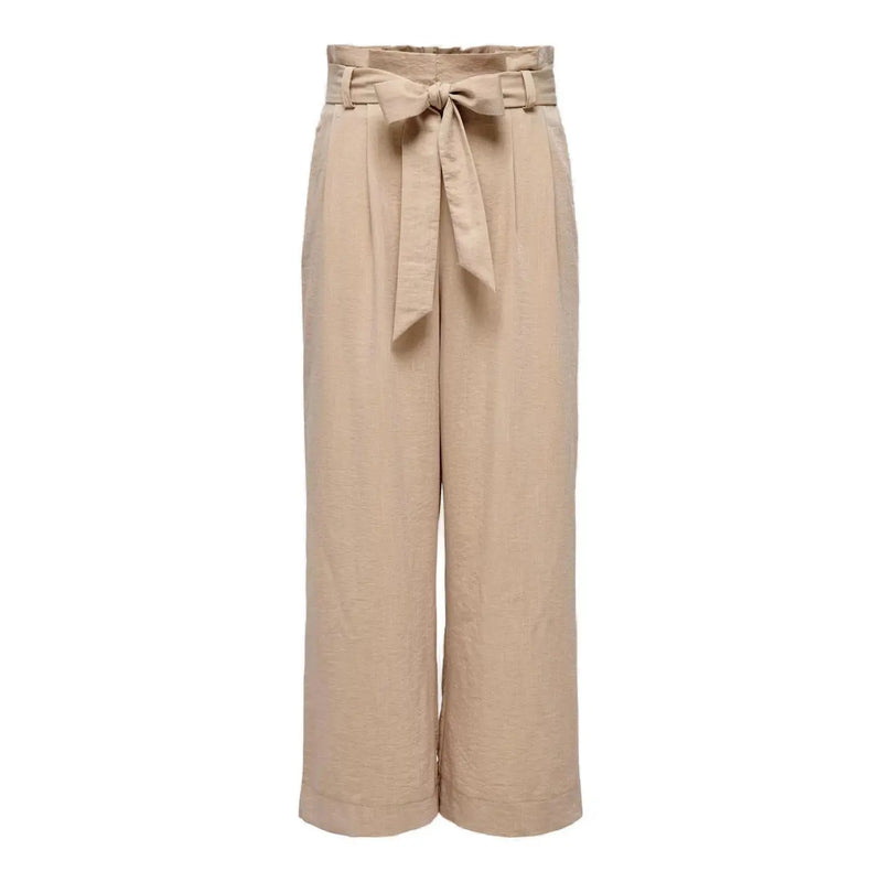 Beigefarbene, hochgeschnittene Hose mit weitem Bein only Damenhose mit Spitzentaschen vorne und Bindegürtel aus Viskosemischung