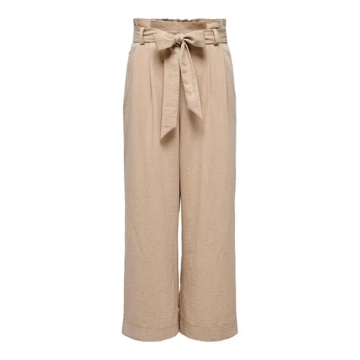 Beigefarbene, hochgeschnittene Hose mit weitem Bein only Damenhose mit Spitzentaschen vorne und Bindegürtel aus Viskosemischung