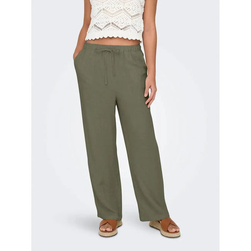 Olive green wide-leg linen viscose trousers for women with a drawstring waistband suitable for spring summer wear