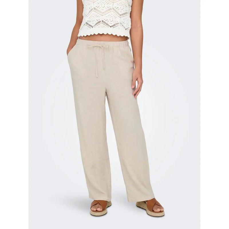 Beige, weit geschnittene Leinen-Viskose-Hose mit Kordelzug im Bund und weich fließendem Stoff für Frühling und Sommer von Only Frauen