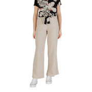 Beige, weit geschnittene Leinen-Viskose-Hose mit Kordelzug im Bund und schwarzem Bindedetail für Damen, Größe M, für Frühling/Sommer