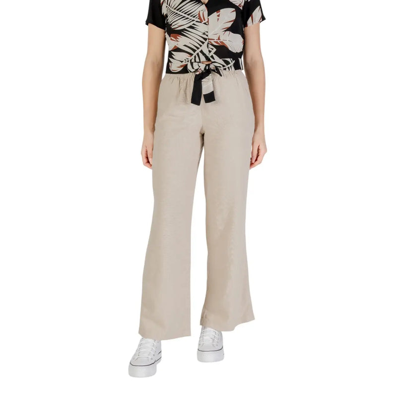Beige, weit geschnittene Leinen-Viskose-Hose mit Kordelzug im Bund und schwarzem Bindedetail für Damen, Größe M, für Frühling/Sommer