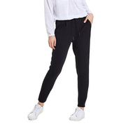 Schwarze Jogginghose aus Viskose-Spitzenmischung mit Kordelzug, lockerer Passform und schmal zulaufendem Bein – die perfekte Herbst-Winter-Hose für Damen.