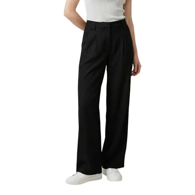 Schwarze, hochtaillierte, weite Hose aus Leinenviskose mit taillierter Faltenfront und geradem Bein für Frühling und Sommer