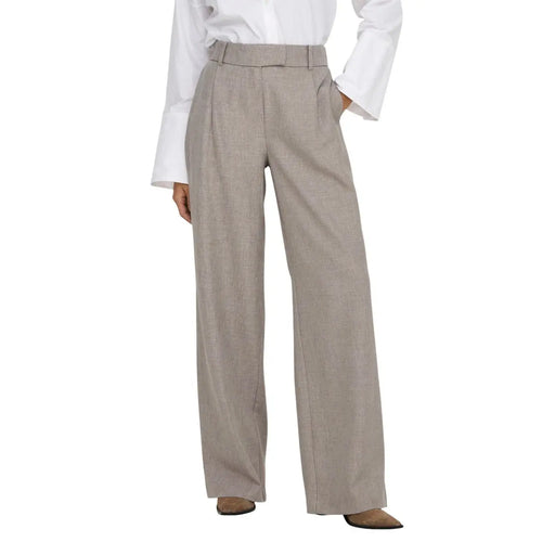 Beige linen trousers with tailored high-waisted design and subtle pleats paired with only women blue polyester zip closure trousers size mm