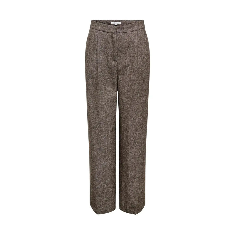 Only Graue Damen-Polyesterhose mit braunem Fischgrätmuster, weitem Bein, hohem Bund und Falten vorne für Herbst und Winter