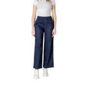 Marineblaue, weite Damen-Baumwollhose mit weißen Seitenstreifen und elastischem Bund für Frühling und Sommer