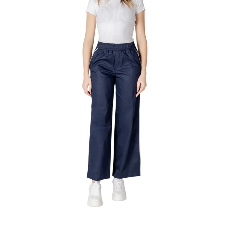 Marineblaue, weite Damen-Baumwollhose mit weißen Seitenstreifen und elastischem Bund für Frühling und Sommer