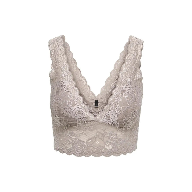 Ein zarter beigefarbener Spitzen-BH mit floralen Mustern und gewellten Kanten von Only Damenunterwäsche mit grauen Polyester-Trägern