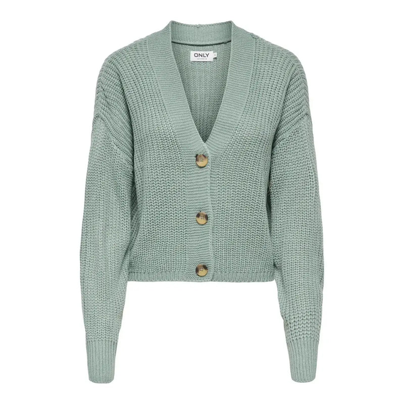 Only women white acrylic v neck button cardigan in soft mint green textured knit with three wooden buttons