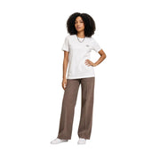 Only women white cotton short round neck t shirt size s with a small black embroidered logo on the left chest