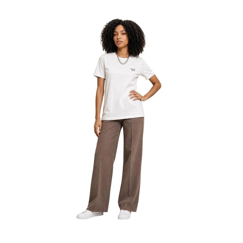 Only women white cotton short round neck t shirt size s with a small black embroidered logo on the left chest