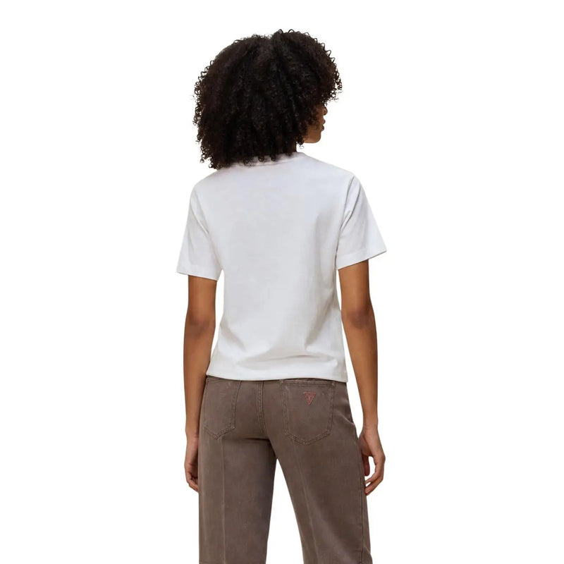 White cotton short-sleeved t shirt for women size S showing back side with subtle red logo on pocket