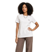 Only women white cotton short round neck t shirt size S with a small black embroidered logo on the left chest