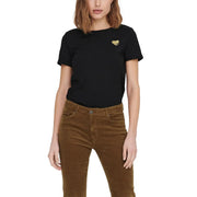 Black short-sleeved cotton t-shirt with small gold heart emblem on left chest from only women article 15244714