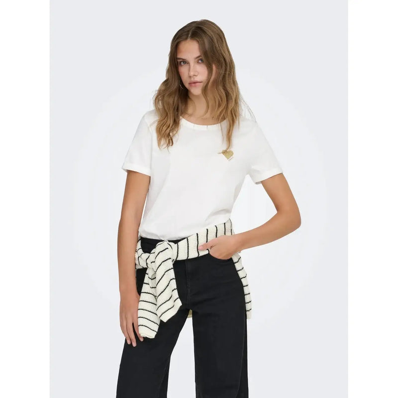 Only women white round neck cotton short t shirt with small gold heart emblem on left chest article 15244714