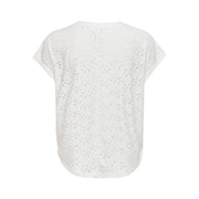 White eyelet polyester t shirt with short sleeves and round neckline by Only women size S front view