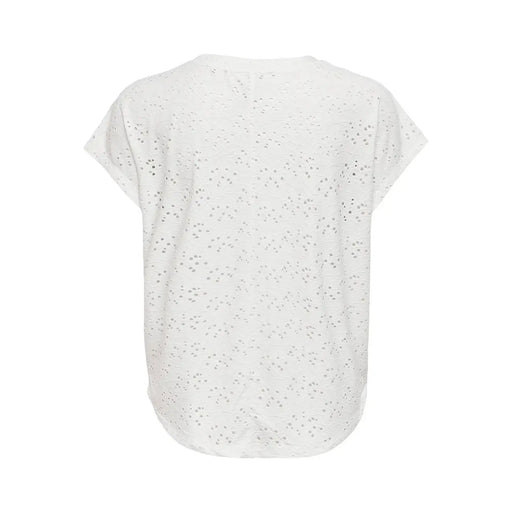 Weißes, lochgesticktes Polyester-T-Shirt mit kurzen Ärmeln und Rundhalsausschnitt von Only Damengröße S, Vorderansicht