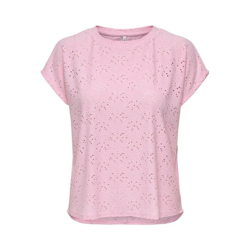 A soft pink short-sleeved polyester top with delicate eyelet pattern similar to only women white round neck t shirt size s