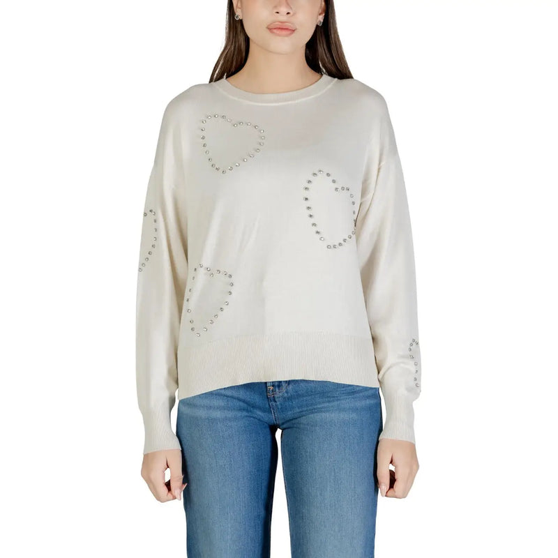 cremefarben only Damen-Strickpullover aus Viskose mit herzförmigen Strassverzierungen und Rundhalsausschnitt