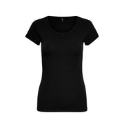 Only women’s black short sleeve round neck cotton t shirt showcasing a comfortable casual fit