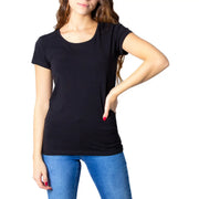Only women’s black short sleeve round neck t shirt made of cotton with a scoop neck design