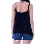 Only women’s black sweetheart neckline tank top with spaghetti straps and flowing silhouette for spring wear