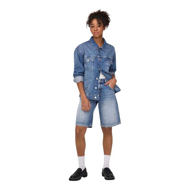 Only womens blue denim jacket with rolled-up sleeves and front pockets made from organic cotton fabric