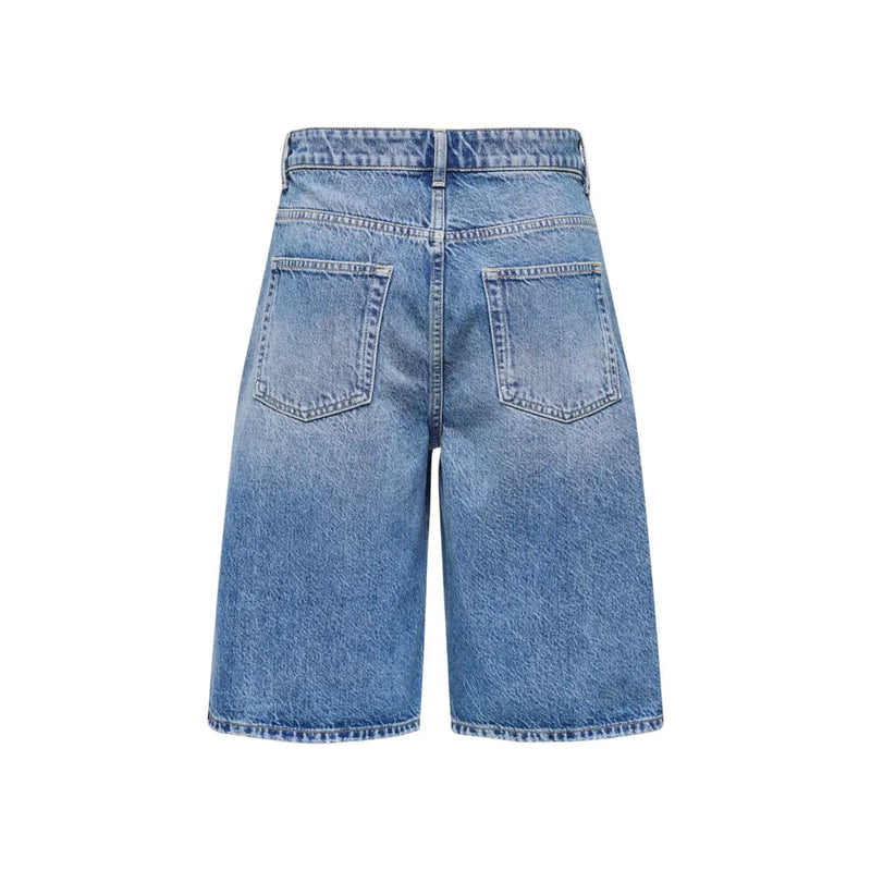 Back view of only womens blue light-wash denim shorts with high-rise waist classic back pockets organic cotton fit