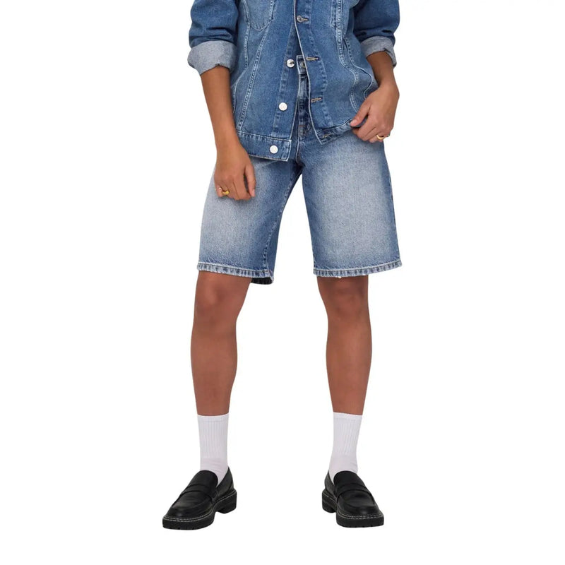 Only womens blue denim shorts with classic button front cotton organic fit and rolled cuffs in medium wash