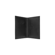Open black leather card holder wallet with multiple card slots and sleek design