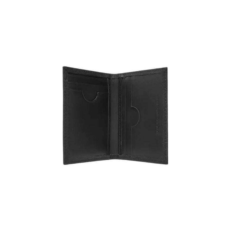 Open black leather card holder wallet with multiple card slots and sleek design