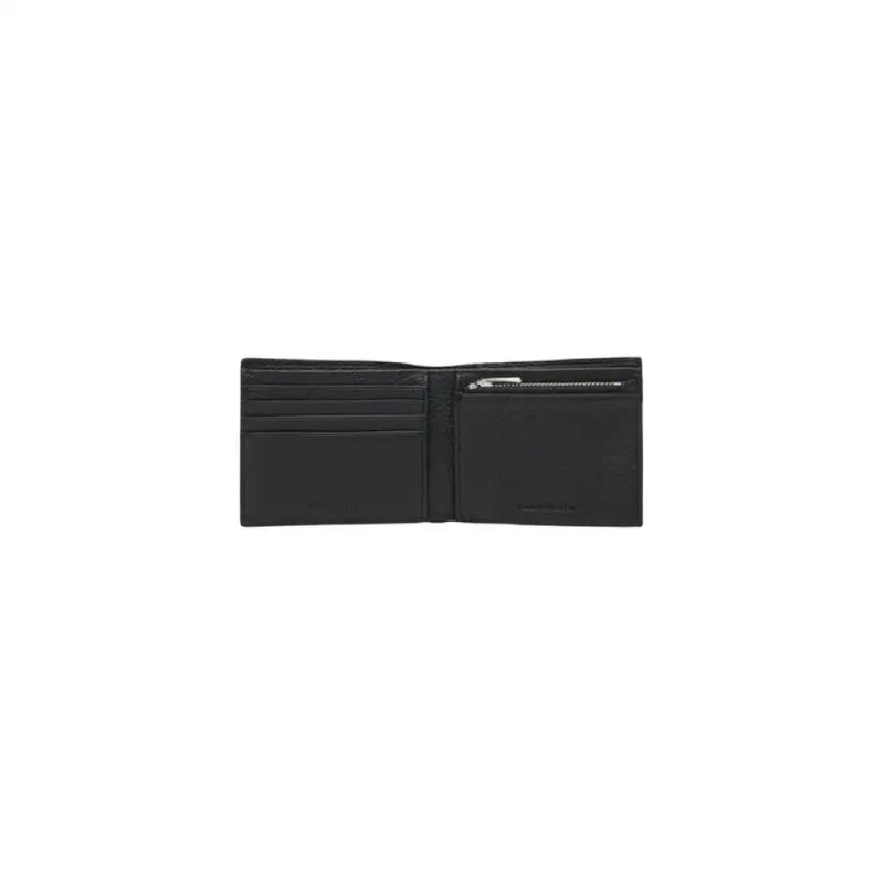 Open black leather wallet displayed, showcasing sleek design in the Classic Black Leather Wallet product