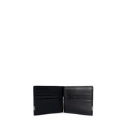 Open black leather wallet with patterned stripe and money clip on white background