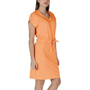 Orange drawstring dress for women by B.young featuring a V-neck and short length