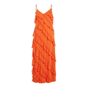 Orange ruffled spaghetti strap maxi dress displayed in a stylish fashion product image