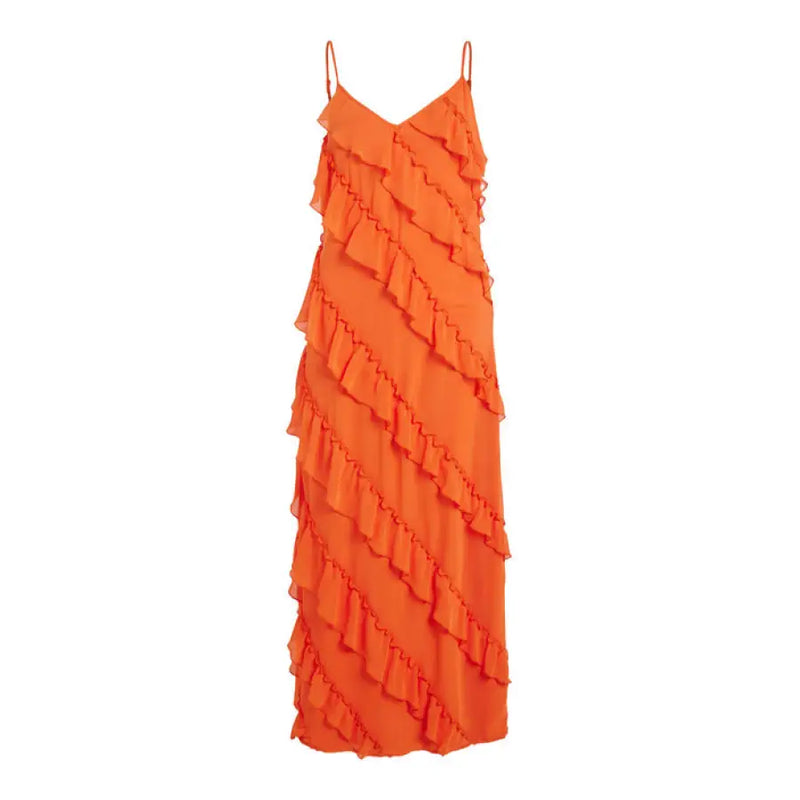 Orange ruffled spaghetti strap maxi dress displayed in a stylish fashion product image