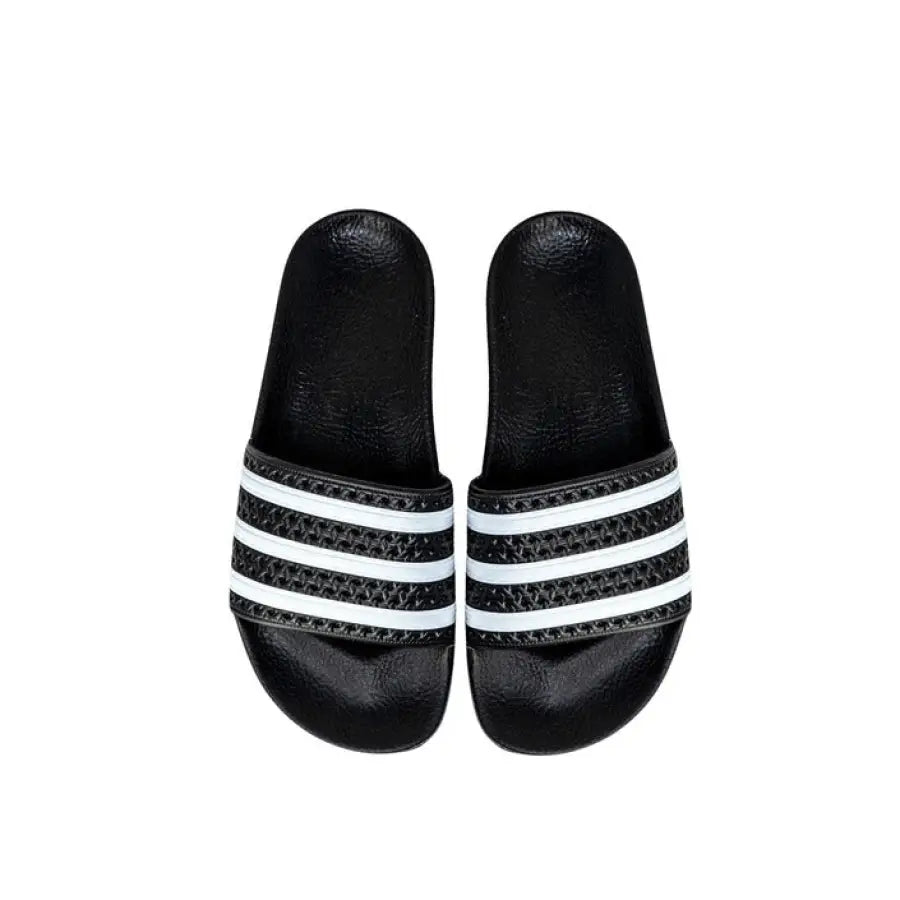 Black and white Adidas slides with stripe for urban style clothing