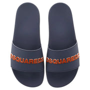 Pair of navy blue slides with orange lettering for comfortable casual footwear
